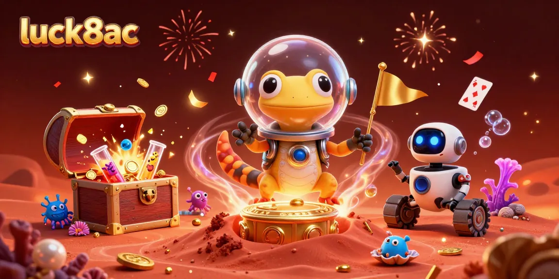 Immerse in luck8ac with a Martian gecko discovering treasure in a vibrant casino scene.
