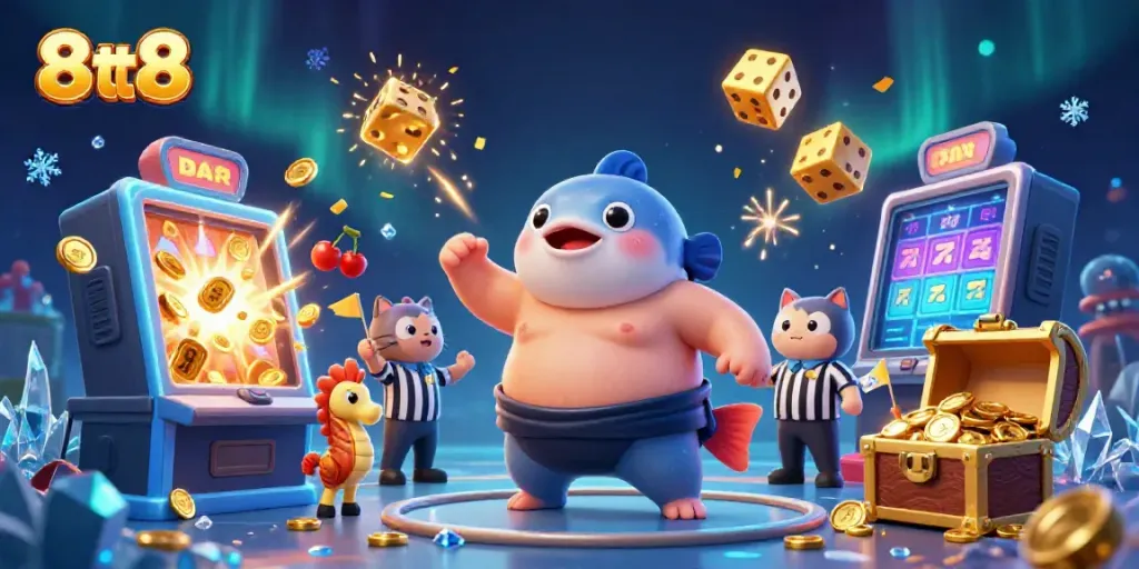 Experience the excitement of 8tt8 as a colorful blowfish and friends engage with vibrant casino elements.