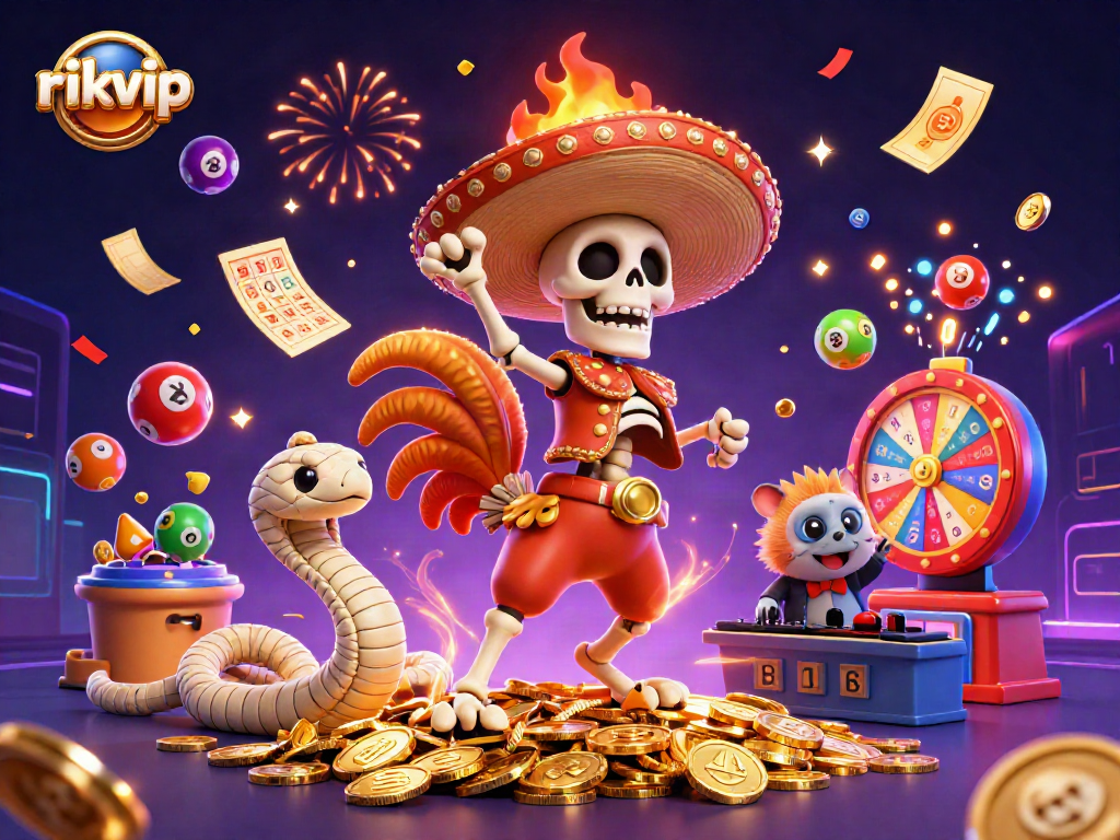 Experience the excitement of rikvip as the lively characters celebrate over golden coins while gaming.