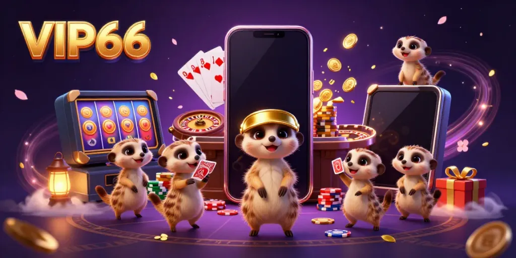 Experience excitement at VIP66 with animated meerkats hosting an elaborate casino scene.