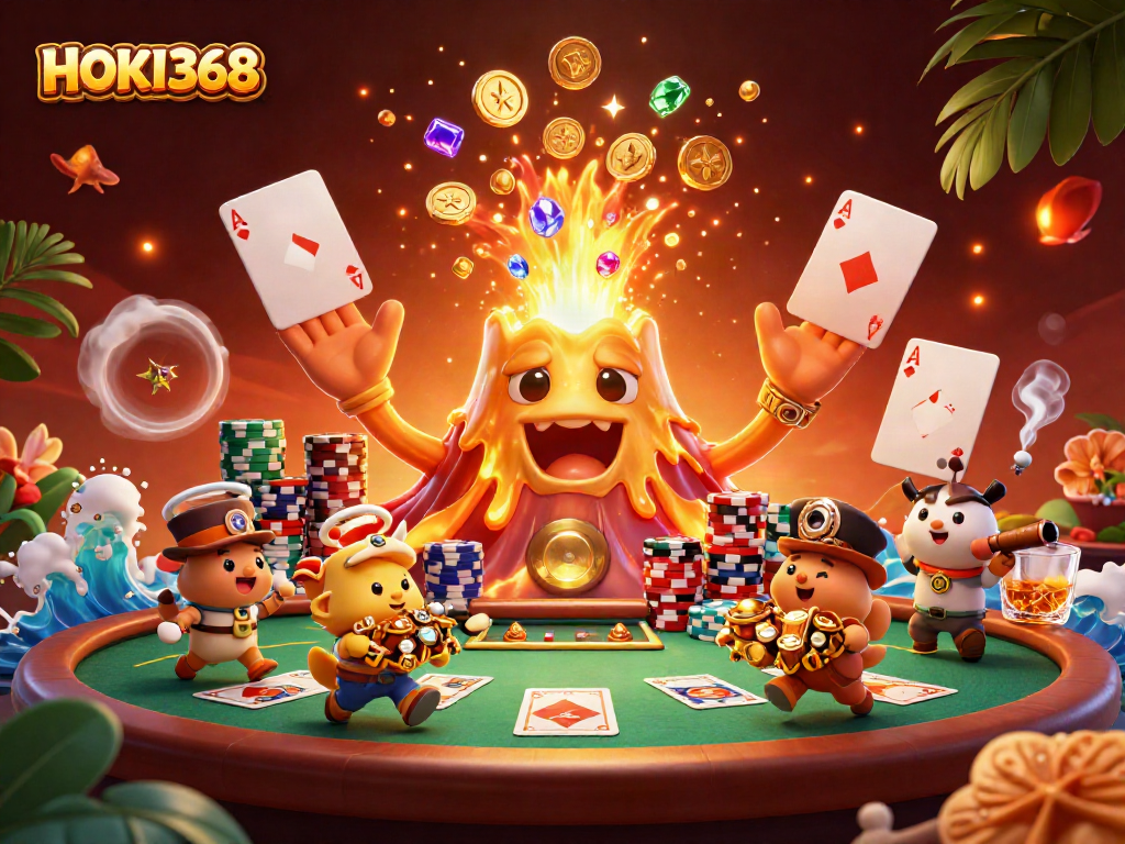 Experience HOKI368 excitement with a vibrant 3D casino scene filled with treasures and dynamic gaming elements.