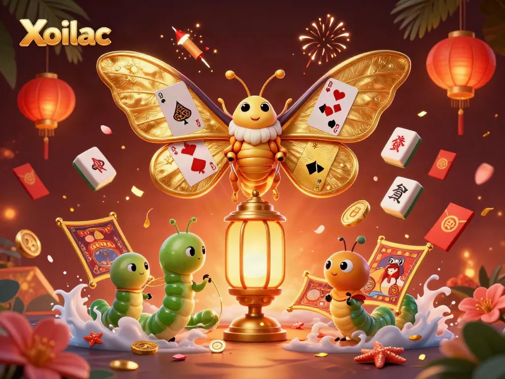Xoilac showcases a vibrant casino-themed scene featuring a colorful atlas moth and casino elements.