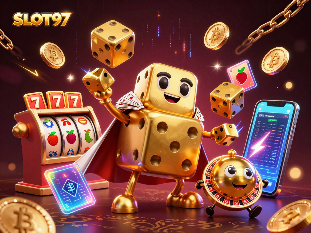 SLOT97 showcases a vibrant scene with a golden dice golem juggling casino elements for maximum fun.