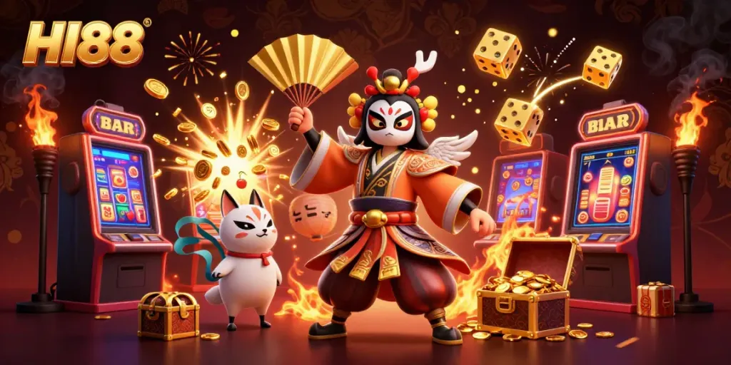 Engage in thrilling games at HI88 casino, featuring vibrant characters and exciting slot elements.