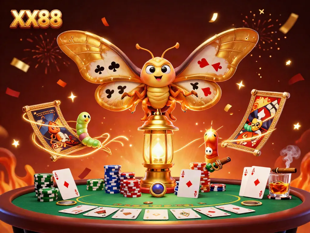 Experience thrilling gameplay with XX88, featuring a vibrant casino scene with poker elements and a majestic moth.