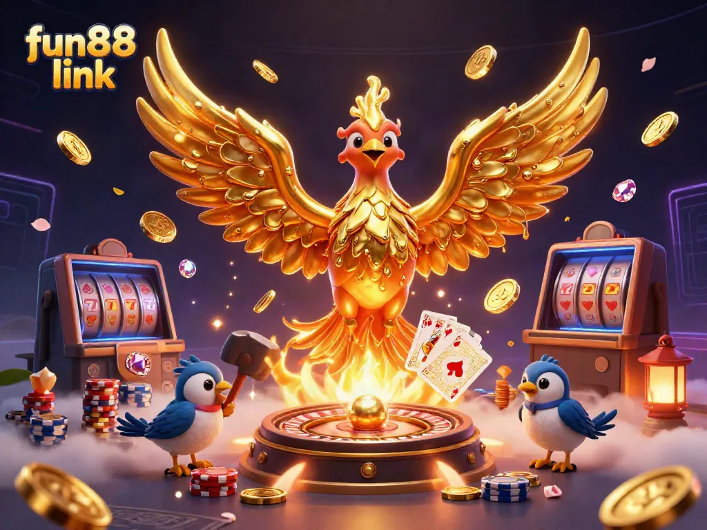 Engage with thrilling experiences at Fun88 link, highlighted by a golden phoenix and vibrant casino elements.