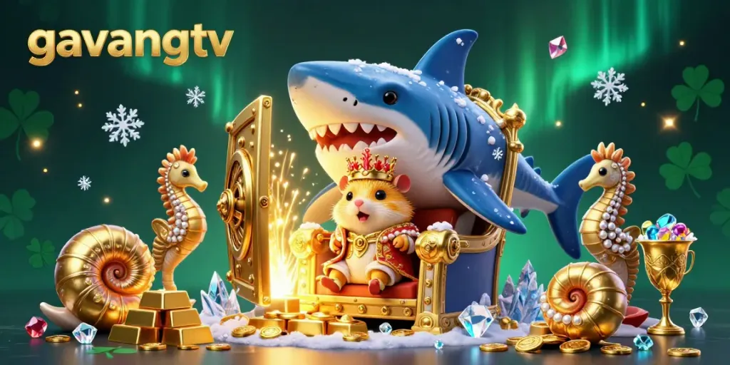 Experience the excitement of gavangtv with a detailed illustration showcasing a golden hamster king in a lavish casino scene.