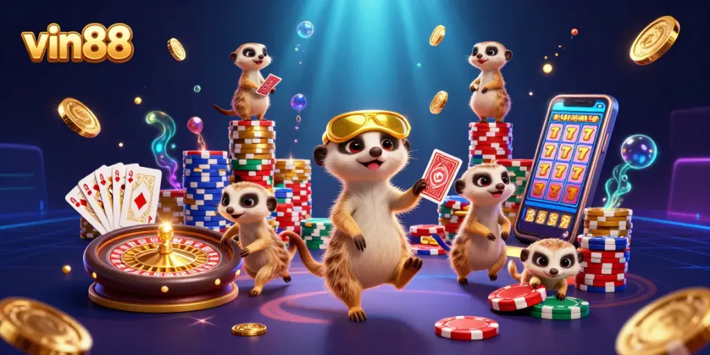 Win big with vin88 in a dynamic casino scene showcasing clever meerkats and vibrant game elements.