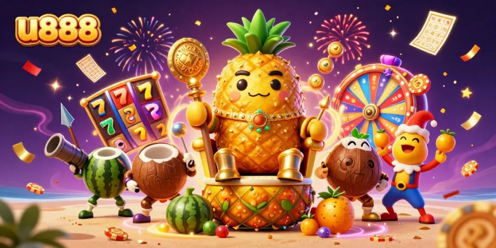 Experience the dynamic world of u888 with a casino-themed vibrant illustration featuring colorful game elements.