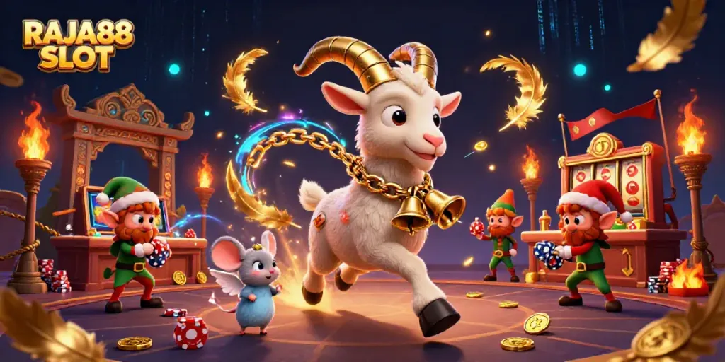 Engage in thrilling gaming at RAJA88 SLOT with festive characters in a vibrant 3D casino.