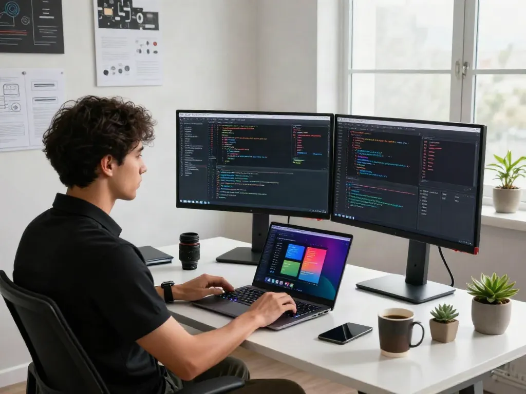 Software developer coding at modern desk with istana404 tech themes.