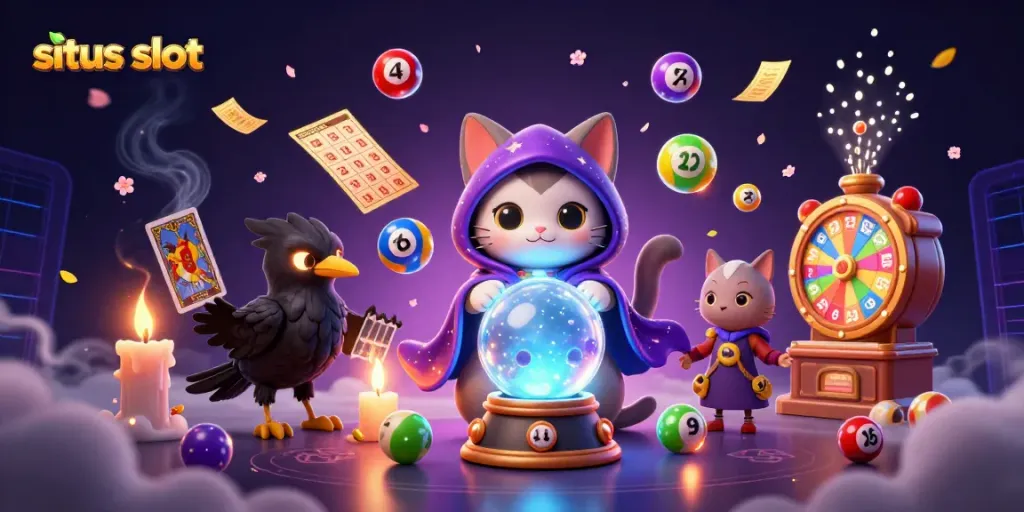 Engage with situs slot in a dynamic casino scene featuring fortune tellers and vibrant gaming elements.