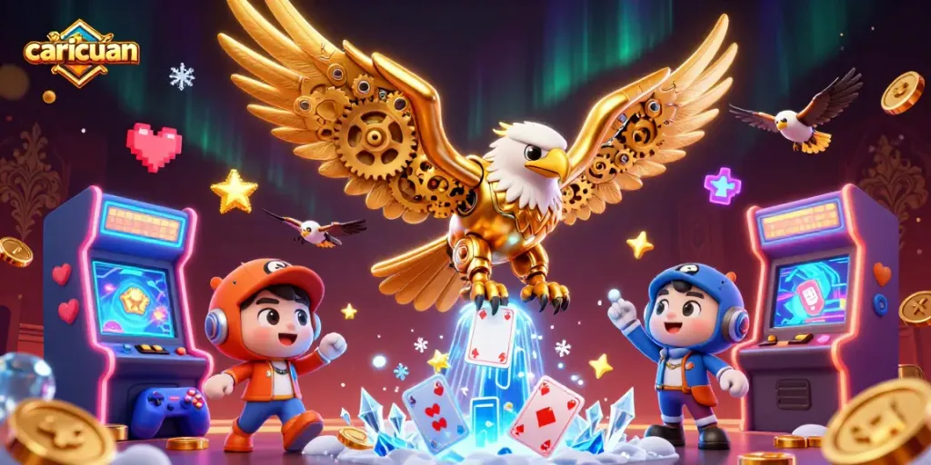 Permainan kasino yang menarik di caricuan dengan burung rajawali cybernetic menerjang kartu bermain holografis.
