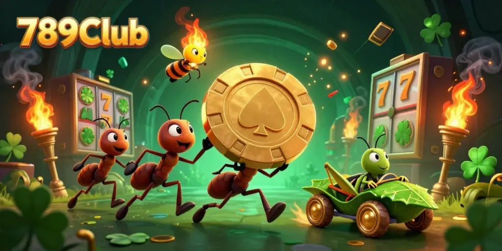 Join 789Club for a thrilling slot heist adventure with cartoon ants and golden poker chips.