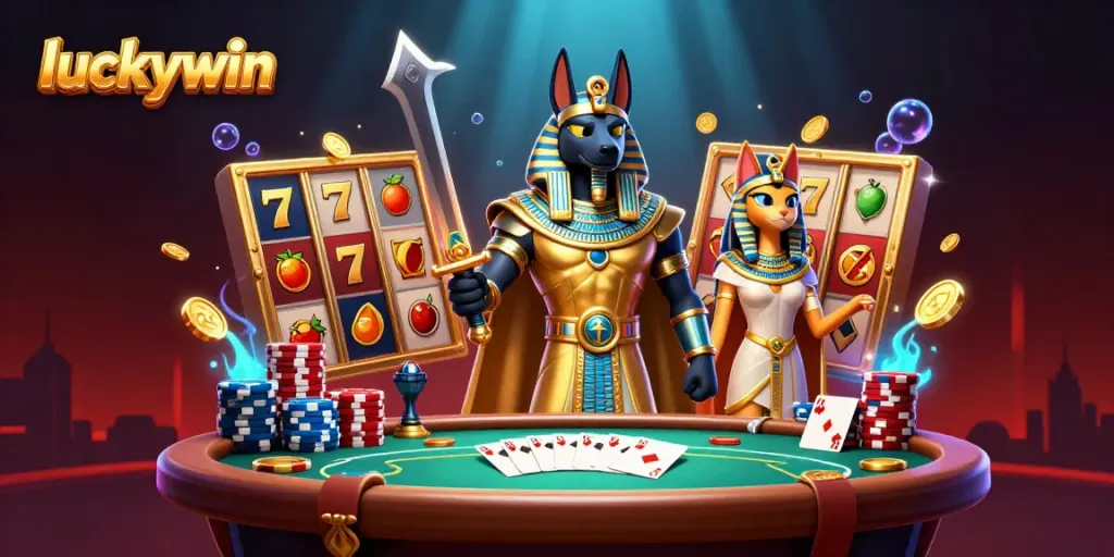 Experience the excitement of luckywin with Anubis and Bastet in a vibrant casino setting.
