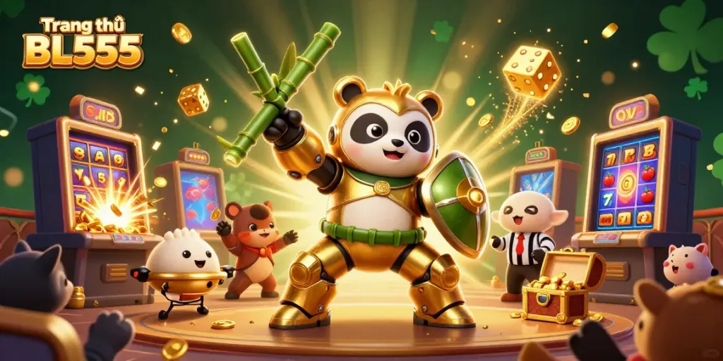 Engage in thrilling games at Trang chủ BL555, featuring a dynamic 3D panda battling in a gaming arena amid colorful casino elements.