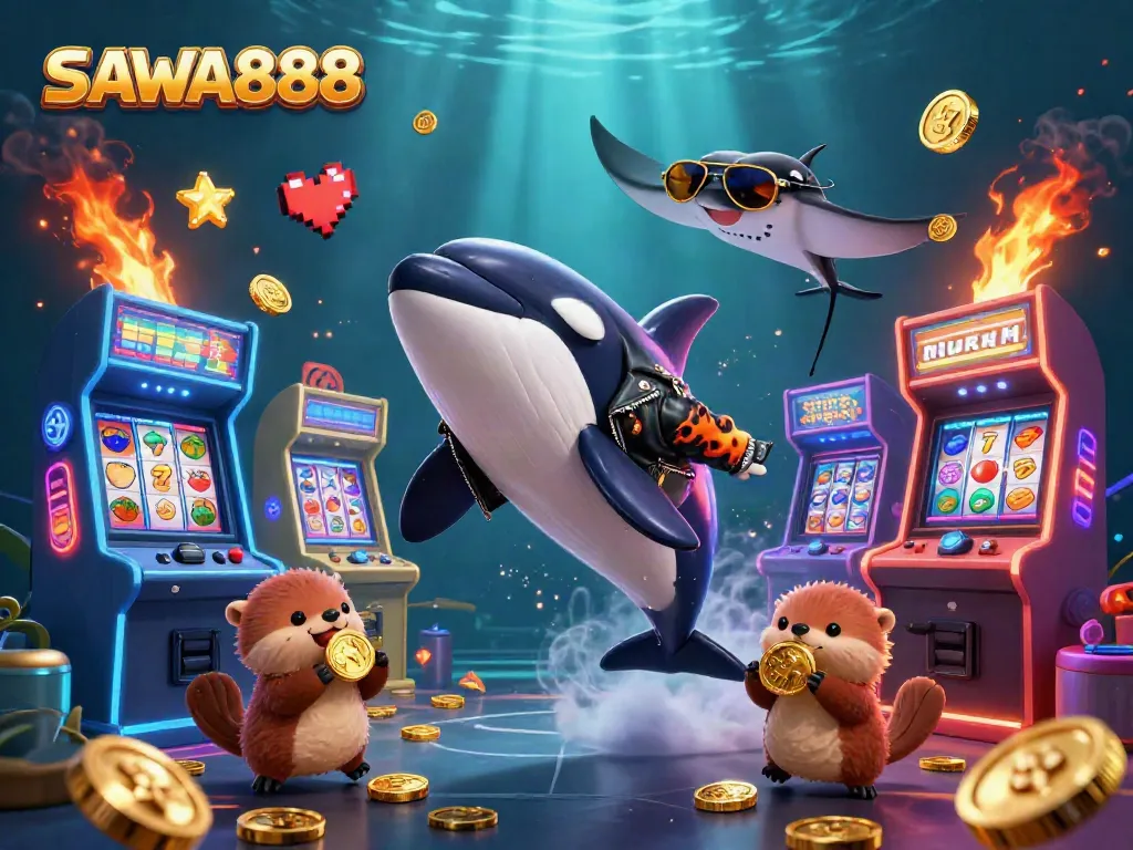 SAWA888 showcases a fun, engaging underwater casino scene with animated characters.