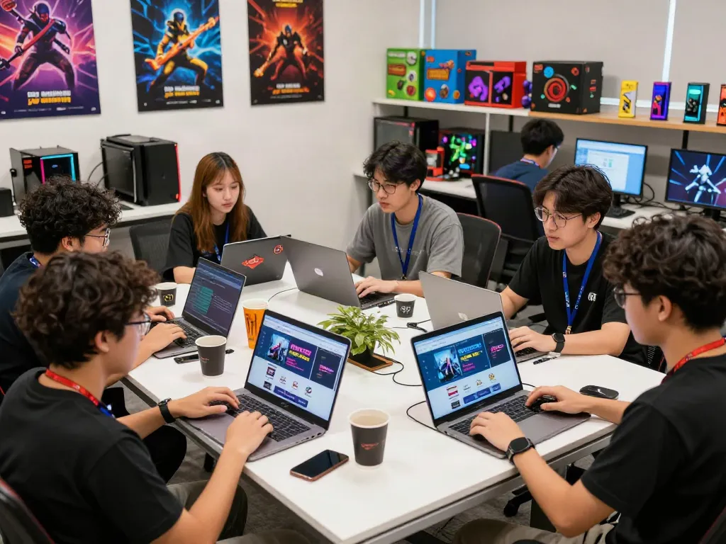 Team collaborating on the warung168 gaming platform in a dynamic office.
