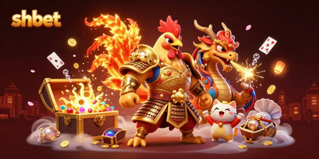 Experience thrilling action at shbet with a cartoon rooster warrior and dragon hatchling amidst a treasure-filled casino scene.