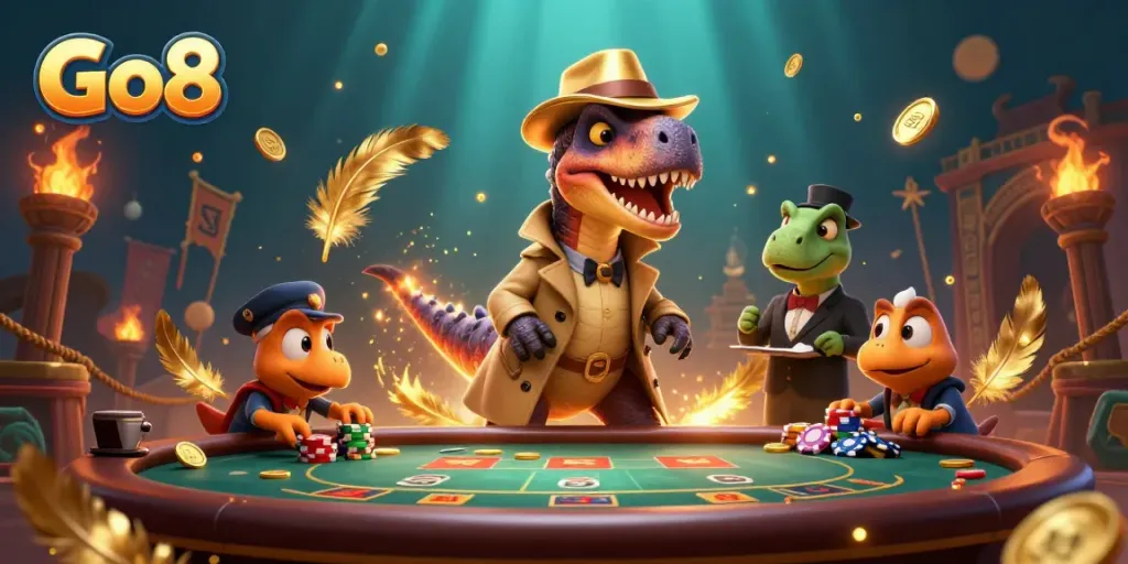 Experience the thrill of Go8 at the blackjack table, with vibrant casino elements and playful characters.