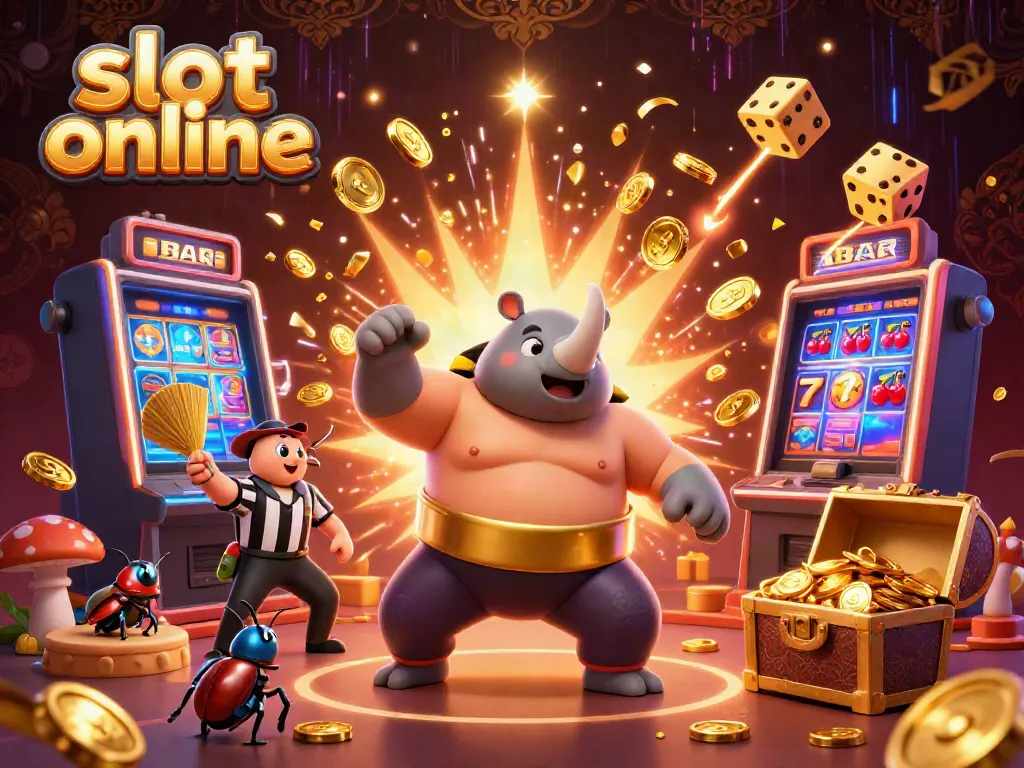 Experience thrilling gameplay with "slot online" as the vibrant scene combines a rhinoceros beetle sumo champion and a dynamic slot machine adventure.