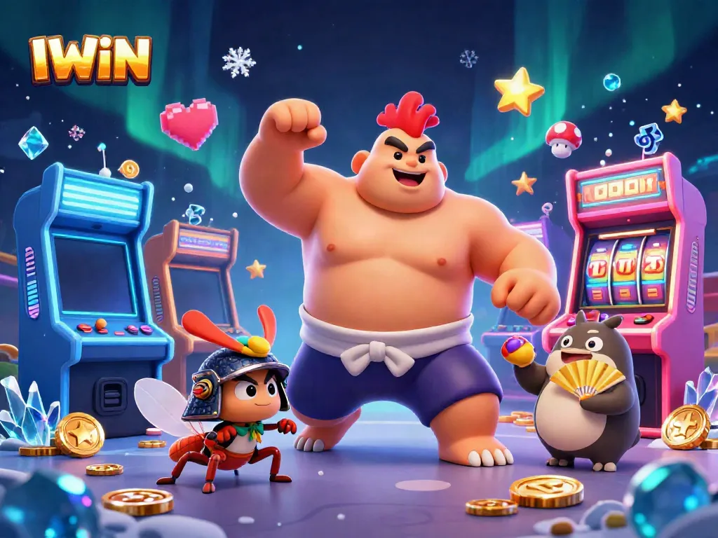 IWIN captures a thrilling casino atmosphere with a powerful sumo rooster and samurai cricket