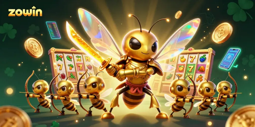 Engage with Zowin's vibrant slots featuring a golden hornet and dynamic game elements.