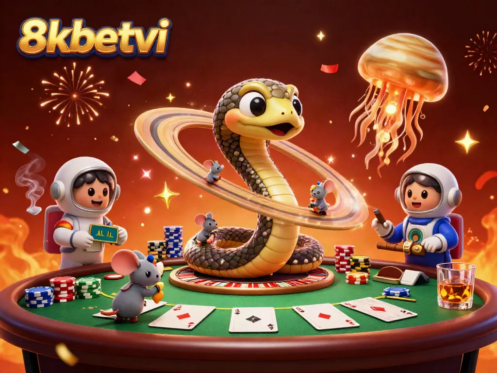 Astronaut mice place bets on 8xbetvi's Saturn roulette wheel while a jellyfish dealer watches.