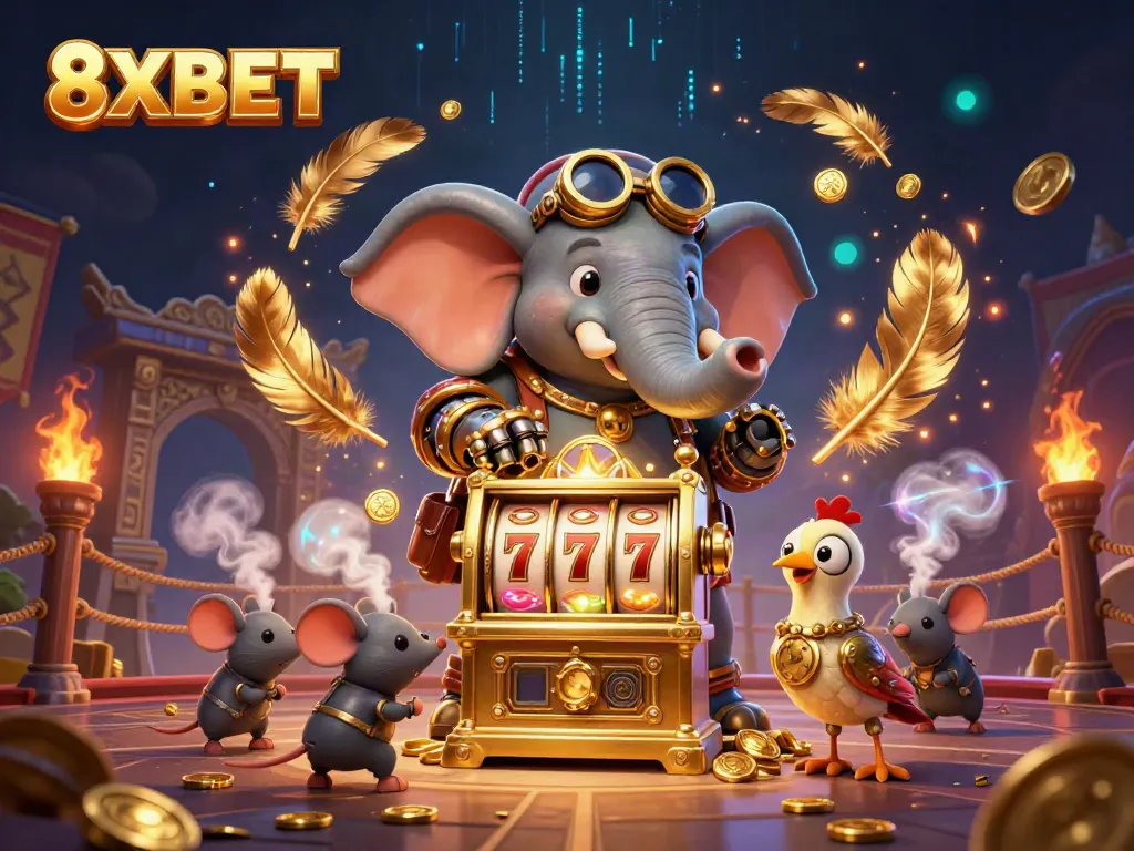 Experience thrilling moments with 8XBET at a majestic slot machine surrounded by vibrant casino elements.