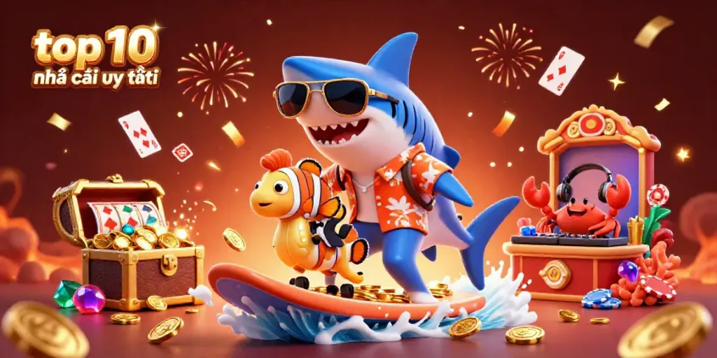 Catch the excitement of the top 10 nhà cái uy tín with vibrant casino-themed 3D art featuring charming characters and dynamic elements.