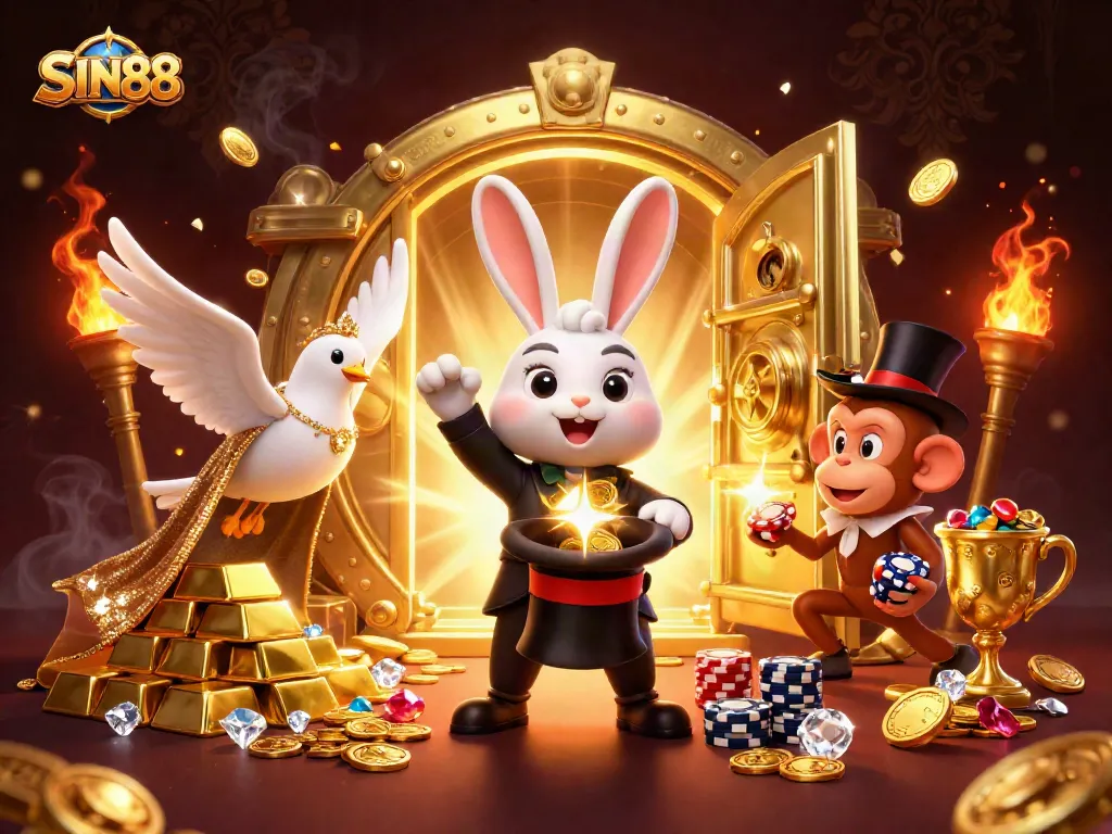 SIN88 showcases a magician rabbit pulling in coins and poker chips, creating a vibrant casino scene.