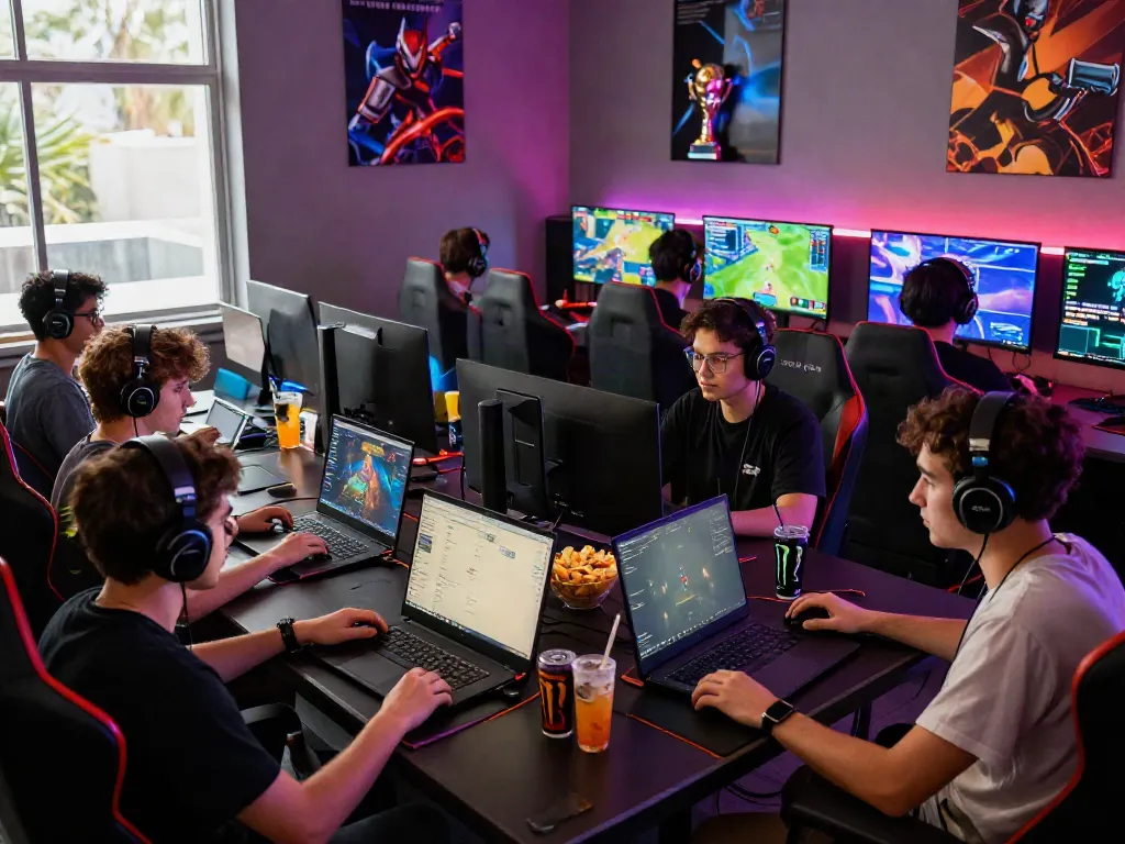 Engaging gaming community scene featuring warung168 platform, friends enjoying gameplay with high-end tech in vibrant lounge.