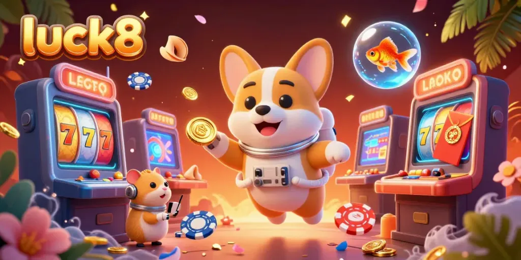 Experience luck8 thrilling moments in casino gameplay with an astronaut corgi amidst vibrant slot symbols.