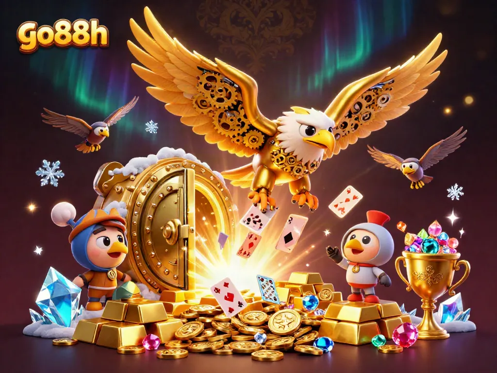 Experience thrilling gameplay with go88h and a majestic cybernetic eagle in a vibrant casino scene.