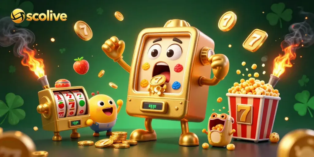 Socolive's vibrant scene showcasing a playful golden slot machine celebrating a jackpot amidst cheering baby slot machines and popcorn, capturing the essence of entertaining online gambling.