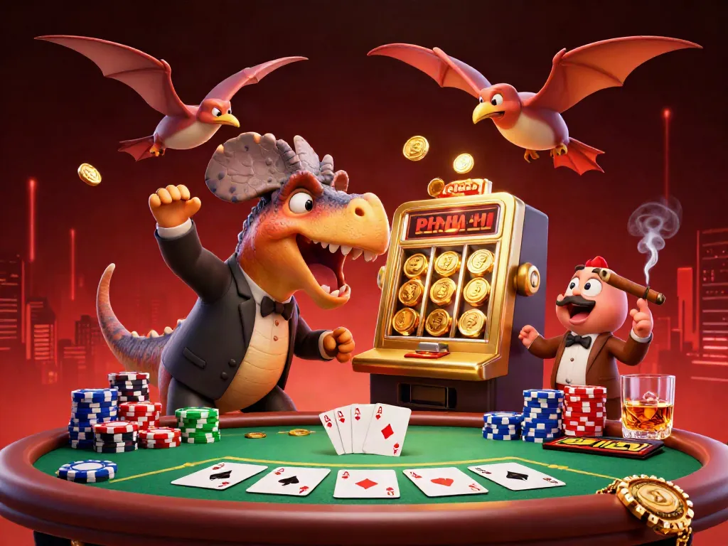 Experience ketquabongda trực tuyến excitement with a pachycephalosaurus hitting a jackpot at a lively casino scene.