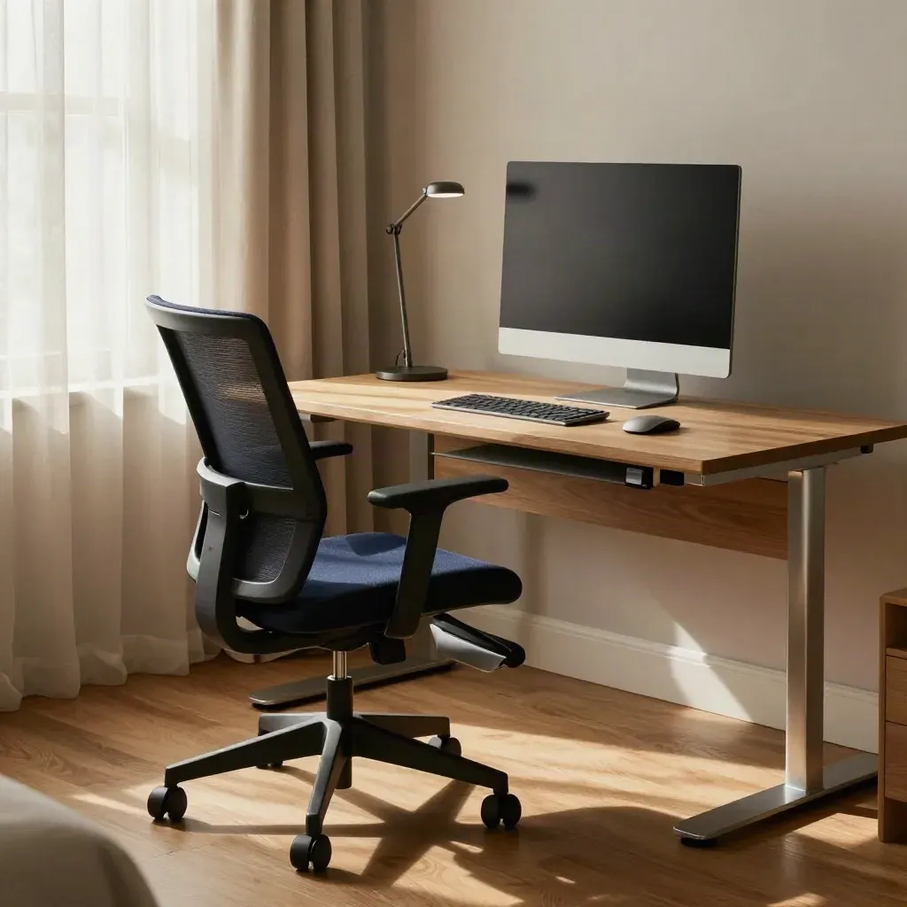 Ergonomiczne krzesło, podniesiony monitor i akcesoria biurowe w ciepłym domowym biurze.