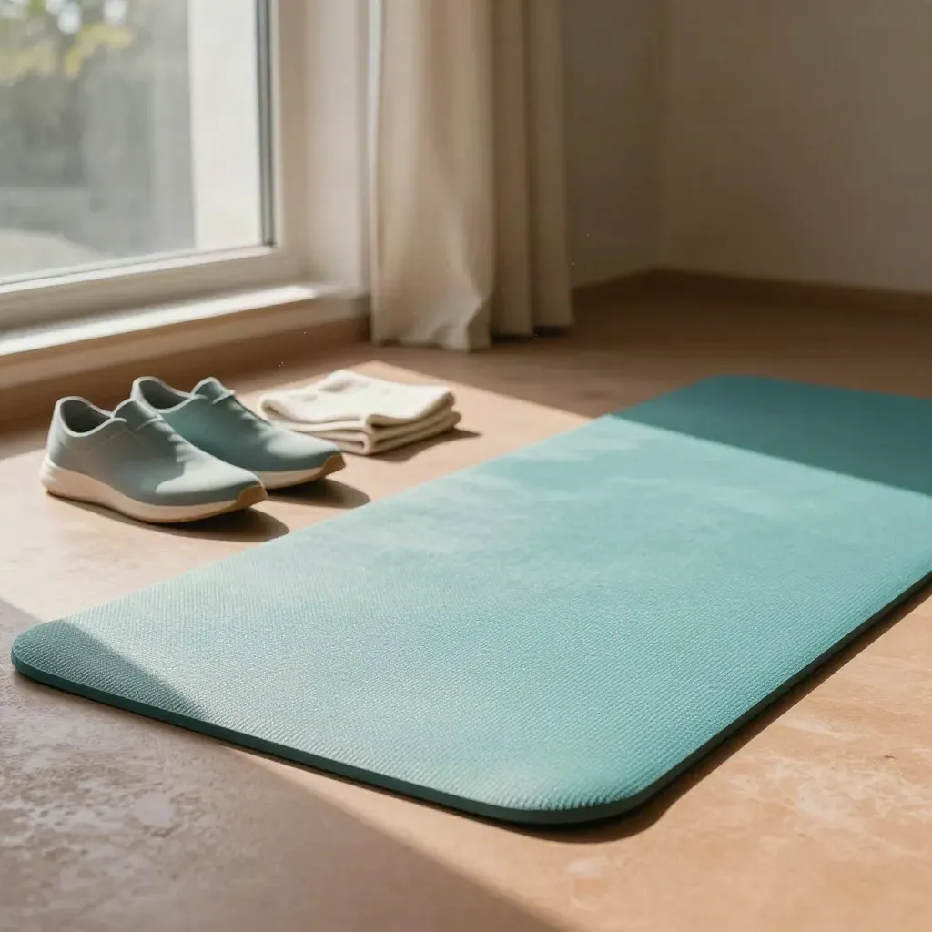 Przy oknie leżą poduszka balansowa, buty minimalistyczne, klocek oddechowy i złożony ręcznik.