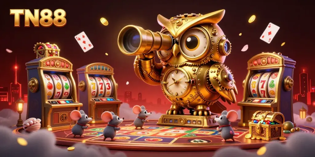 Engage in the immersive TN88 casino scene featuring a whimsical golden owl and mice patrons amidst vibrant slot distractions.