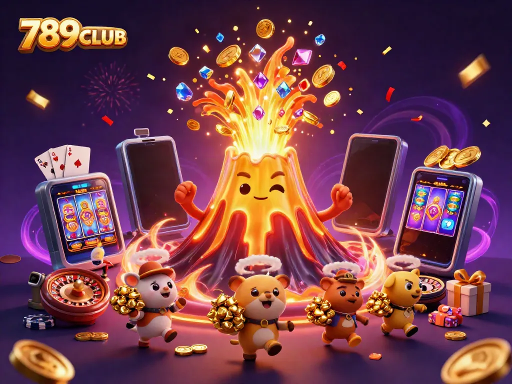 Immerse in the excitement of 789CLUB with treasures and vibrant slot games celebrated in a whimsical eruption.