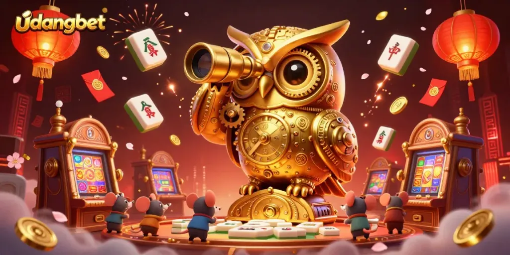Experience udangbet's lively casino atmosphere with a whimsical golden owl and playful mice.