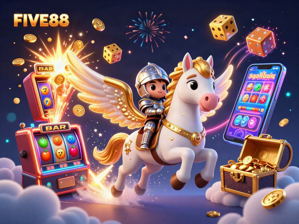 Experience the excitement of FIVE88 with a vibrant 3D illustration showcasing dynamic casino elements and a celestial knight.