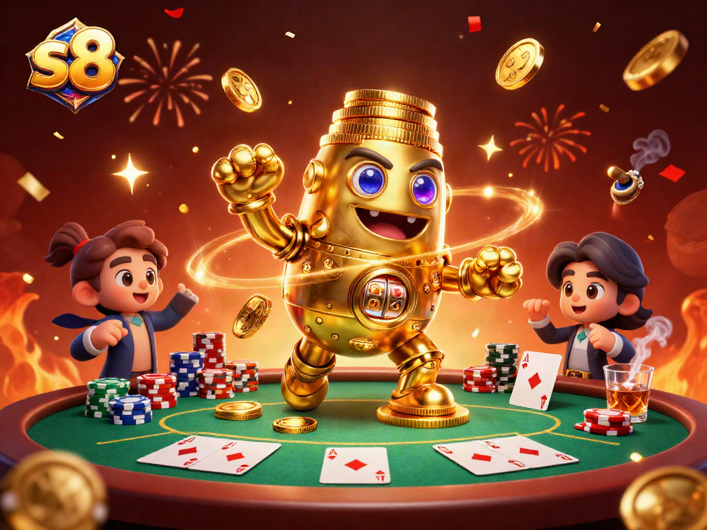 Witness the s8 golden golem amid poker chips and vibrant casino elements.