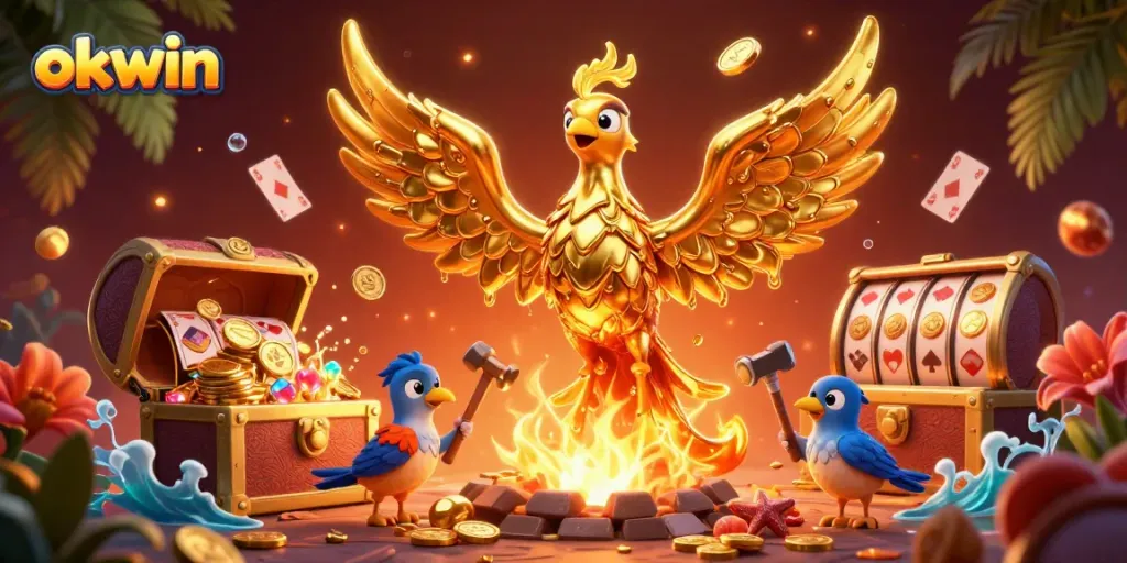 Experience the thrill of connecting with okwin as golden treasures erupt from a magical scene.