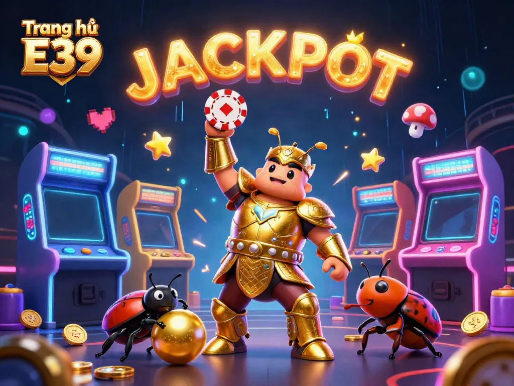 Engaging scene of Trang chủ E39 showing a victorious beetle in casino-themed victory pose with gaming elements