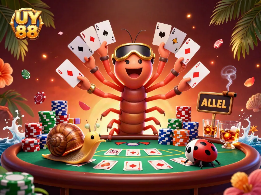 Experience the excitement of UY 88 with a whimsical dealer and players at the poker table.