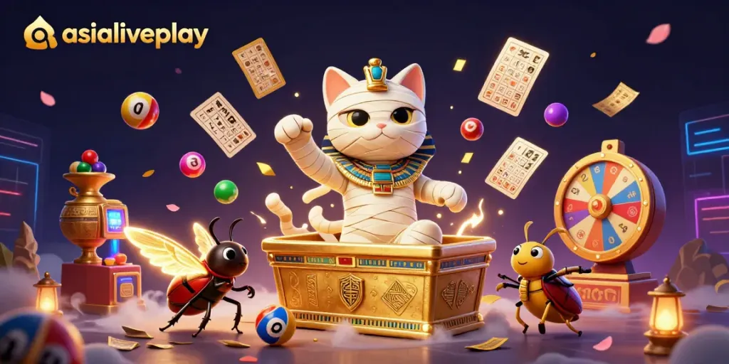 Engage with asialiveplay's thrilling casino experience featuring a dynamic illustration of a mummy cat in a vibrant gaming environment.