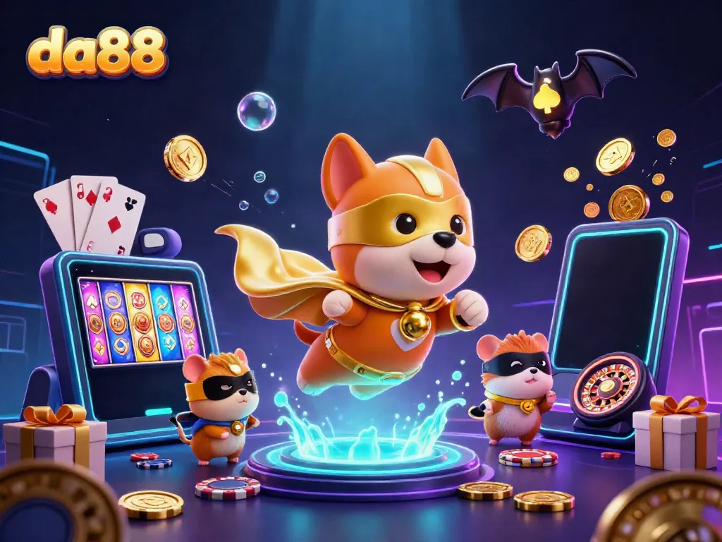 Experience exciting gameplay with da88's vibrant and dynamic casino scene featuring a cartoon superhero dog.