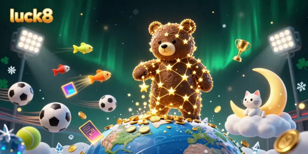 Engage with luck8's vivid 3D casino scene featuring golden coins and dynamic sports elements.