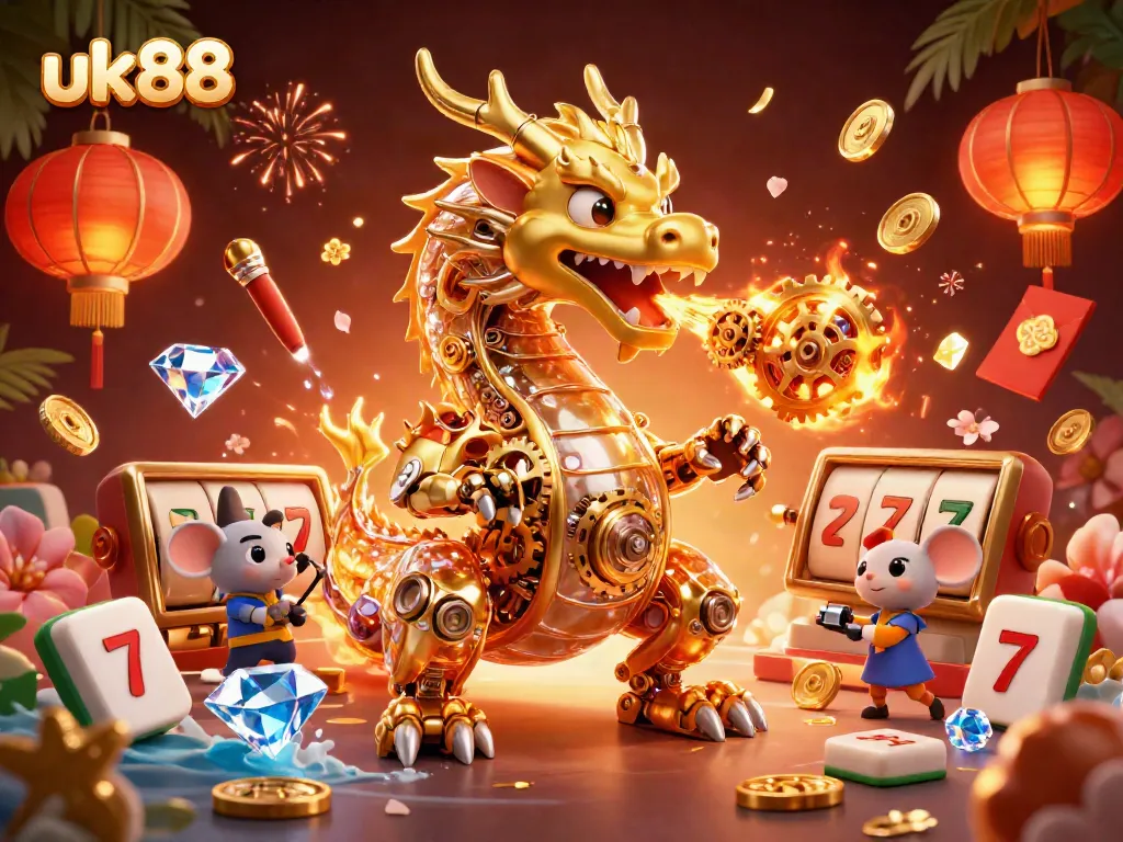 Experience the thrilling action of uk88 with a vibrant 3D casino scene featuring a golden dragon and dynamic game elements.